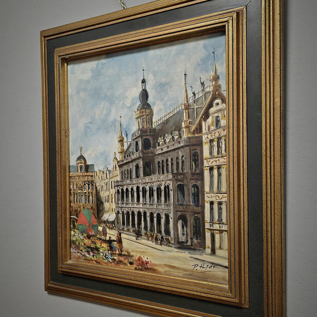 Antique Oil Painting European Cityscape Vintage Belgian Artwork Gothic Architecture Classic Home Decor Signed Canvas Ornate Framed Wall Art