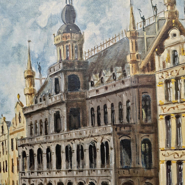 Antique Oil Painting European Cityscape Vintage Belgian Artwork Gothic Architecture Classic Home Decor Signed Canvas Ornate Framed Wall Art