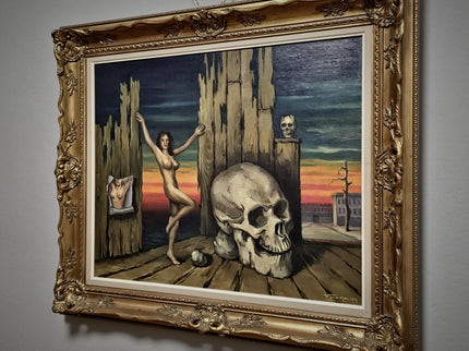Large Vintage Surrealist Oil Painting: Nude Woman with Skull, Signed Belgian Art