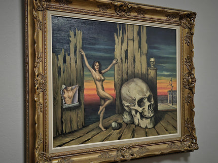 Large Vintage Surrealist Oil Painting: Nude Woman with Skull, Signed Belgian Art