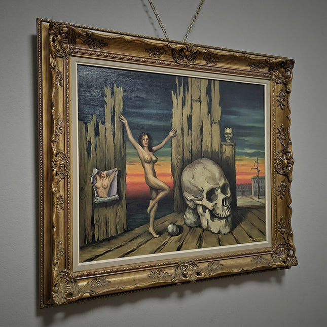 Large Vintage Surrealist Oil Painting: Nude Woman with Skull, Signed Belgian Art