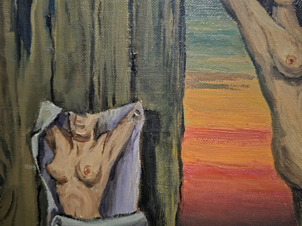 Large Vintage Surrealist Oil Painting: Nude Woman with Skull, Signed Belgian Art
