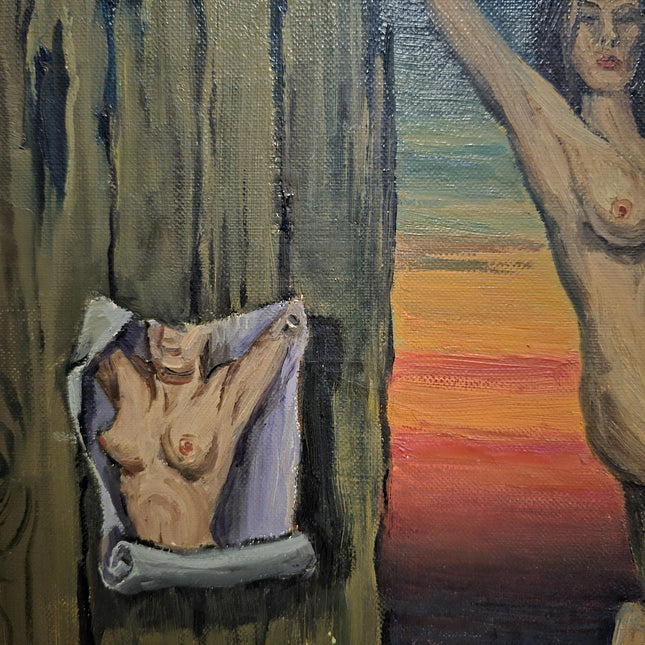 Large Vintage Surrealist Oil Painting: Nude Woman with Skull, Signed Belgian Art