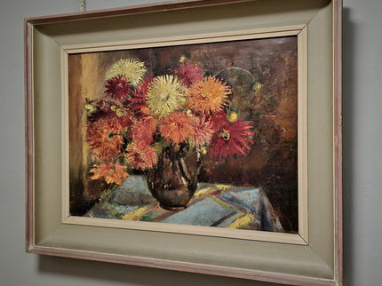 Vintage Large Floral Oil Painting, Dark Moody Bouquet, Framed Wall Art