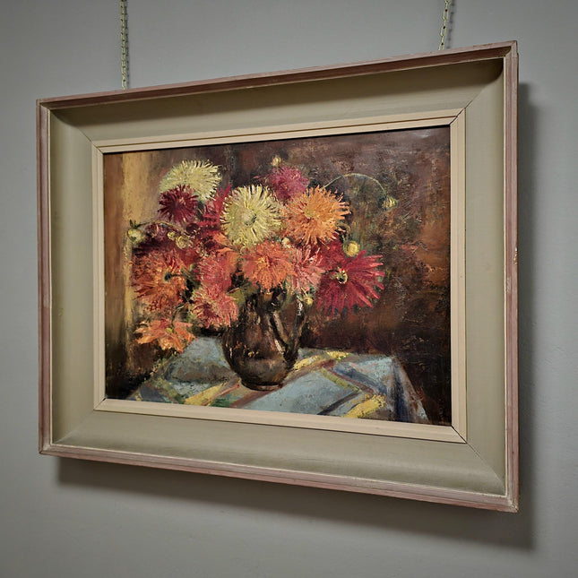 Vintage Large Floral Oil Painting, Dark Moody Bouquet, Framed Wall Art