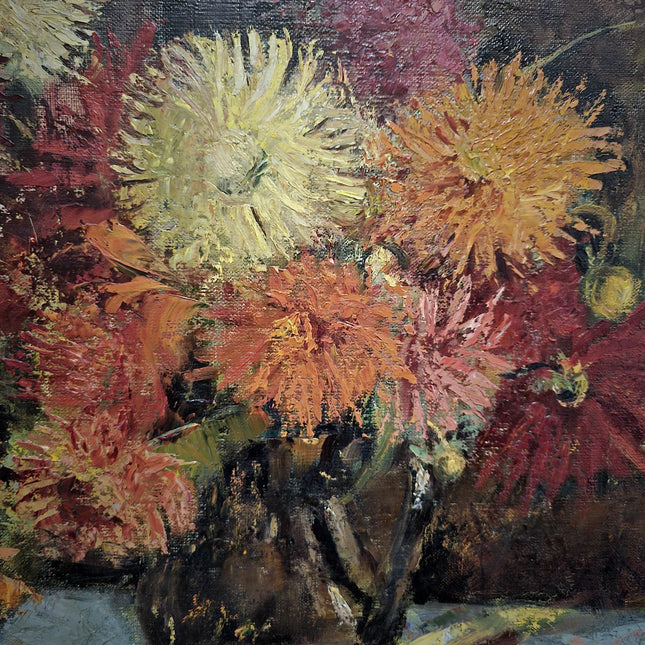 Vintage Large Floral Oil Painting, Dark Moody Bouquet, Framed Wall Art