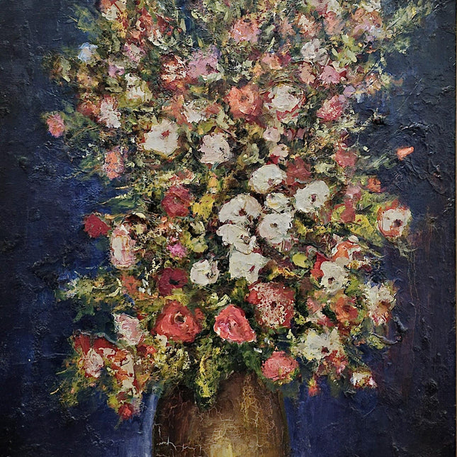 Large Vintage Floral Oil Painting, Dark Moody Impasto Bouquet, Original Artwork, Gold-Framed Rustic Wall Art, Oversized Farmhouse Home Decor