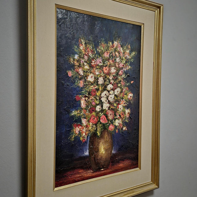 Large Vintage Floral Oil Painting, Dark Moody Impasto Bouquet, Original Artwork, Gold-Framed Rustic Wall Art, Oversized Farmhouse Home Decor