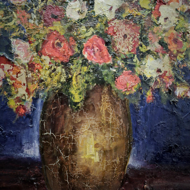Large Vintage Floral Oil Painting, Dark Moody Impasto Bouquet, Original Artwork, Gold-Framed Rustic Wall Art, Oversized Farmhouse Home Decor