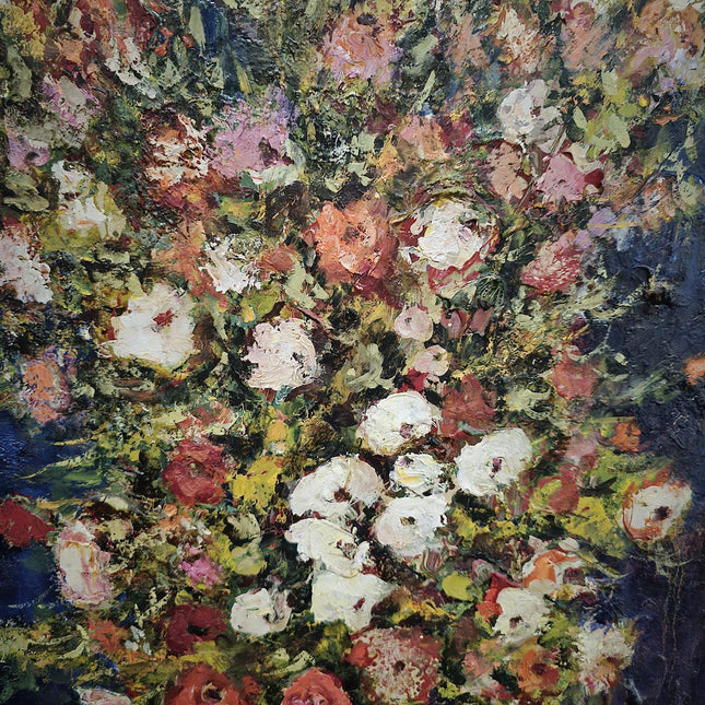 Large Vintage Floral Oil Painting, Dark Moody Impasto Bouquet, Original Artwork, Gold-Framed Rustic Wall Art, Oversized Farmhouse Home Decor