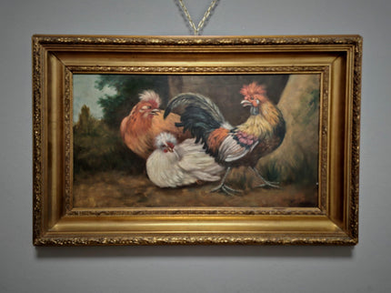 Large Antique Dutch Chicken Oil Painting, Rural Farm Animal Life Artwork, Original Hand-Painted Wall Art, Framed Rustic Kitchen Decor
