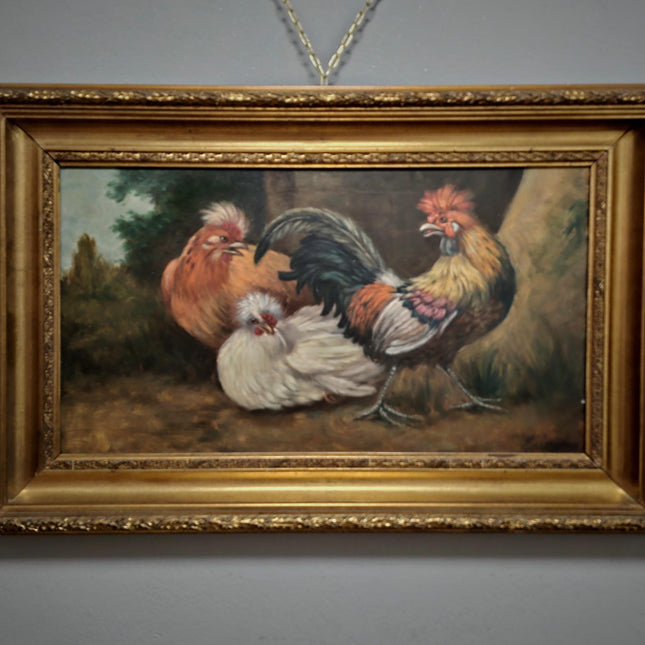 Large Antique Dutch Chicken Oil Painting, Rural Farm Animal Life Artwork, Original Hand-Painted Wall Art, Framed Rustic Kitchen Decor
