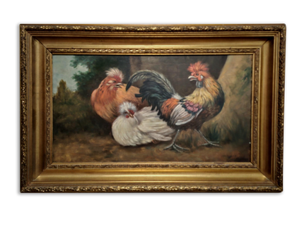 Large Antique Dutch Chicken Oil Painting, Rural Farm Animal Life Artwork, Original Hand-Painted Wall Art, Framed Rustic Kitchen Decor