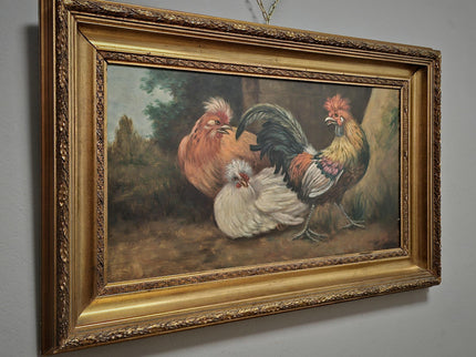 Large Antique Dutch Chicken Oil Painting, Rural Farm Animal Life Artwork, Original Hand-Painted Wall Art, Framed Rustic Kitchen Decor