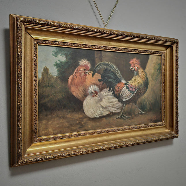 Large Antique Dutch Chicken Oil Painting, Rural Farm Animal Life Artwork, Original Hand-Painted Wall Art, Framed Rustic Kitchen Decor