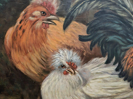 Large Antique Dutch Chicken Oil Painting, Rural Farm Animal Life Artwork, Original Hand-Painted Wall Art, Framed Rustic Kitchen Decor