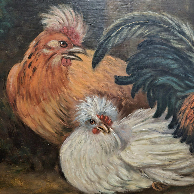 Large Antique Dutch Chicken Oil Painting, Rural Farm Animal Life Artwork, Original Hand-Painted Wall Art, Framed Rustic Kitchen Decor