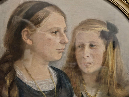 Antique French Pastel Portrait, Sisters, Belle Epoque, Framed Oval Art