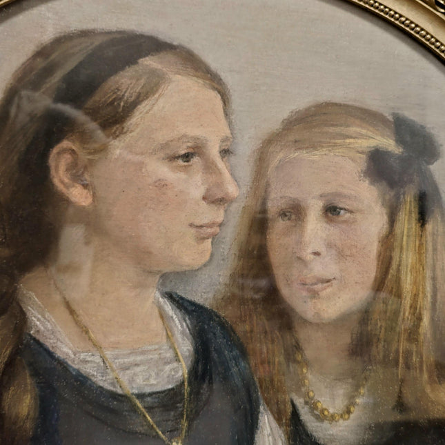 Antique French Pastel Portrait, Sisters, Belle Epoque, Framed Oval Art