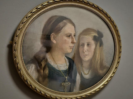 Antique French Pastel Portrait, Sisters, Belle Epoque, Framed Oval Art