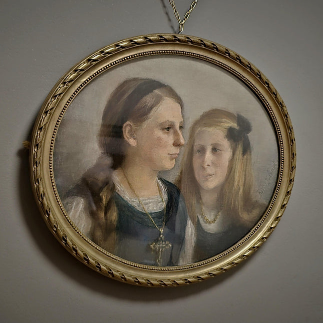 Antique French Pastel Portrait, Sisters, Belle Epoque, Framed Oval Art
