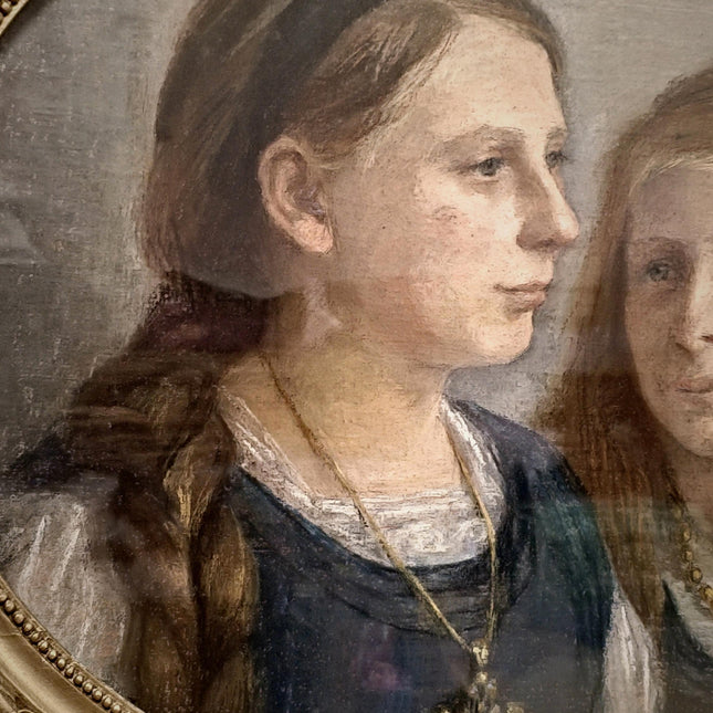 Antique French Pastel Portrait, Sisters, Belle Epoque, Framed Oval Art