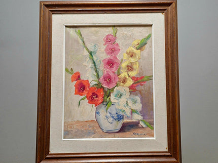 Vintage Framed Gladiolus Oil Painting, French Impressionist Floral Art