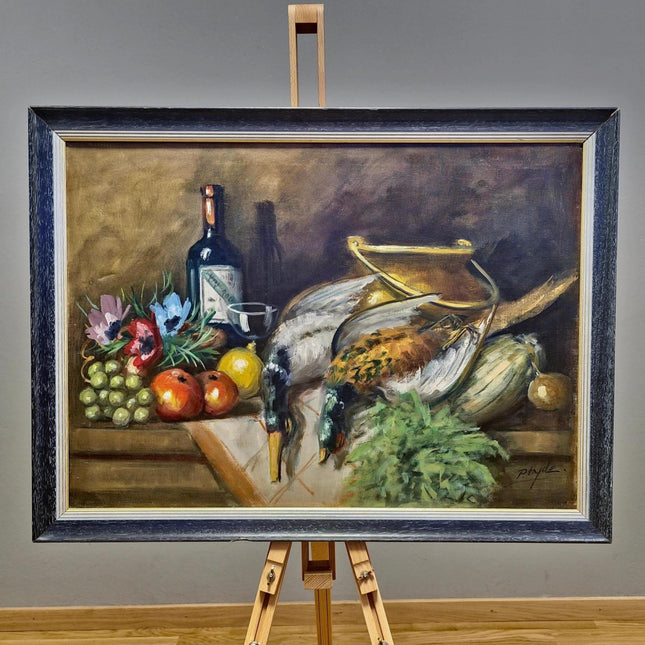 Fruit and Wine Painting, 1930s Vintage French Oil Painting, Game Bird Hunting Artwork, Framed Signed Oil Painting, French Country Decor