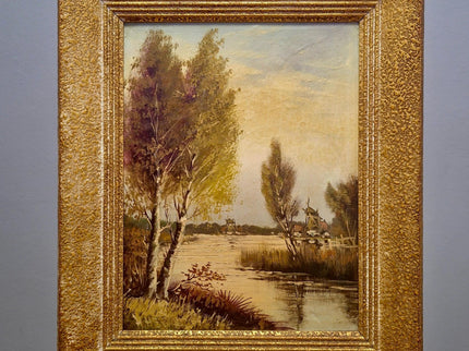Antique Lakeside Painting Art, 19th Century Original Artwork, Windmills Oil Painting With Frame Artwork, Nature Artwork Home Decor