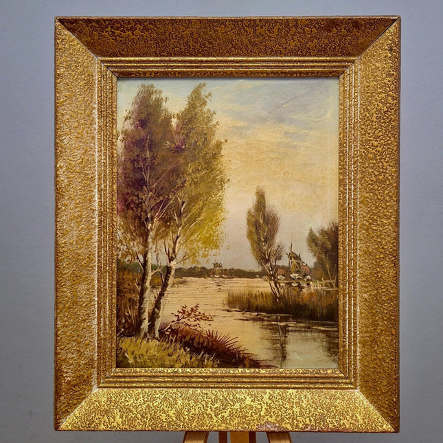 Antique Lakeside Painting Art, 19th Century Original Artwork, Windmills Oil Painting With Frame Artwork, Nature Artwork Home Decor