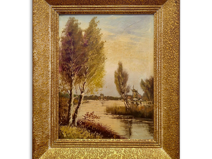 Antique Lakeside Painting Art, 19th Century Original Artwork, Windmills Oil Painting With Frame Artwork, Nature Artwork Home Decor