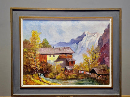 Vintage French Alpine Oil Painting, Mountain Cabin Landscape, Framed Art