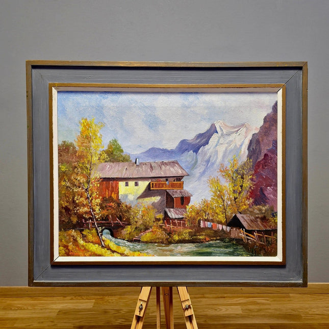 Vintage French Alpine Oil Painting, Mountain Cabin Landscape, Framed Art