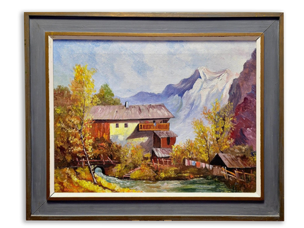 Vintage French Alpine Oil Painting, Mountain Cabin Landscape, Framed Art