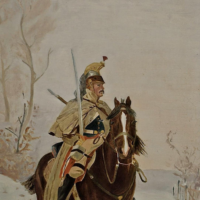 Antique Oil Painting, Original Vintage Winter Landscape, French Cuirassier Artwork, Gold Framed Wall Art, Collectible European Wall Decor