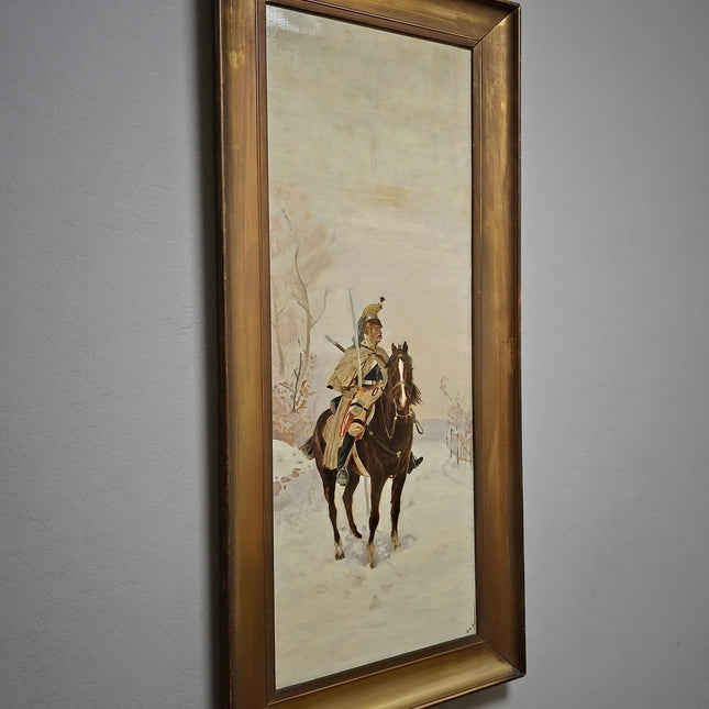 Antique Oil Painting, Original Vintage Winter Landscape, French Cuirassier Artwork, Gold Framed Wall Art, Collectible European Wall Decor
