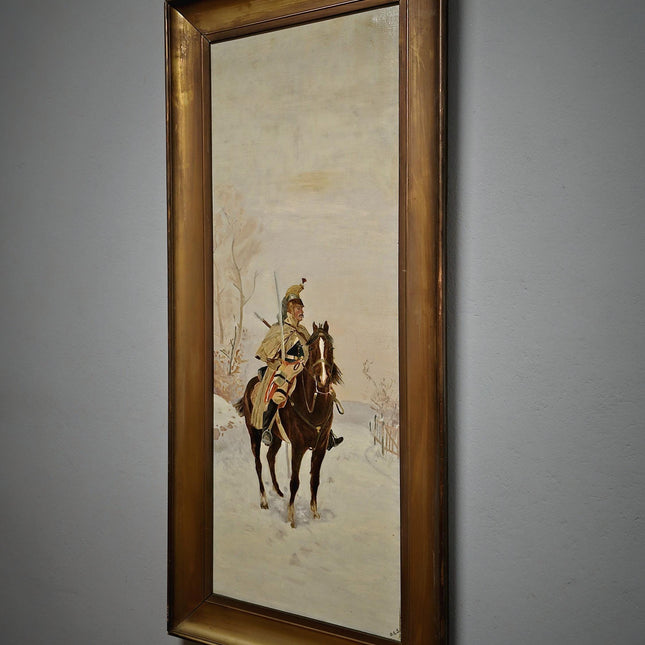Antique Oil Painting, Original Vintage Winter Landscape, French Cuirassier Artwork, Gold Framed Wall Art, Collectible European Wall Decor