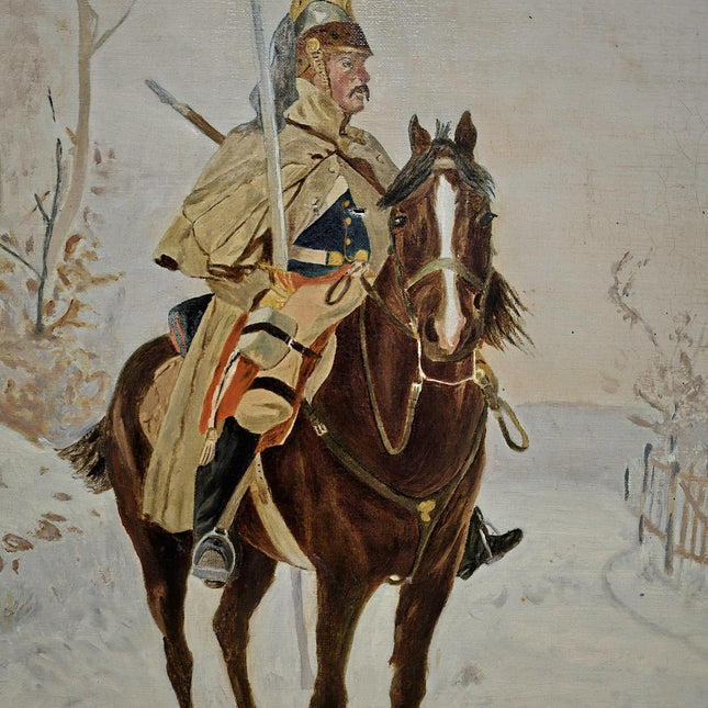 Antique Oil Painting, Original Vintage Winter Landscape, French Cuirassier Artwork, Gold Framed Wall Art, Collectible European Wall Decor