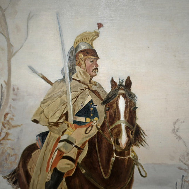 Antique Oil Painting, Original Vintage Winter Landscape, French Cuirassier Artwork, Gold Framed Wall Art, Collectible European Wall Decor