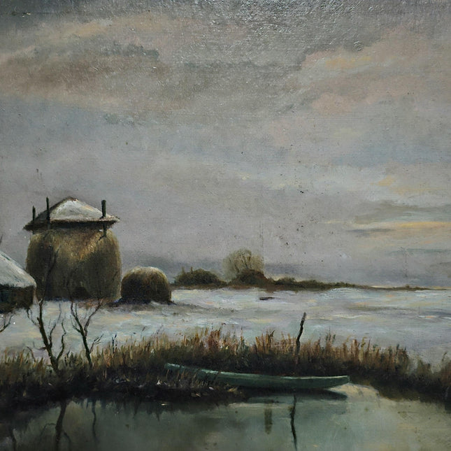 Antique Dutch Dark Moody Winter Landscape Oil Painting, Framed Original Artwork, Cottagecore Farmhouse Wall Decor, Vintage Signed Rustic Art