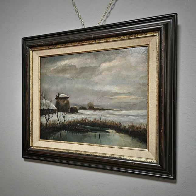 Antique Dutch Dark Moody Winter Landscape Oil Painting, Framed Original Artwork, Cottagecore Farmhouse Wall Decor, Vintage Signed Rustic Art