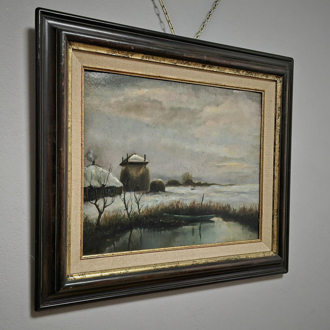 Antique Dutch Dark Moody Winter Landscape Oil Painting, Framed Original Artwork, Cottagecore Farmhouse Wall Decor, Vintage Signed Rustic Art