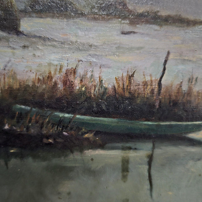 Antique Dutch Dark Moody Winter Landscape Oil Painting, Framed Original Artwork, Cottagecore Farmhouse Wall Decor, Vintage Signed Rustic Art