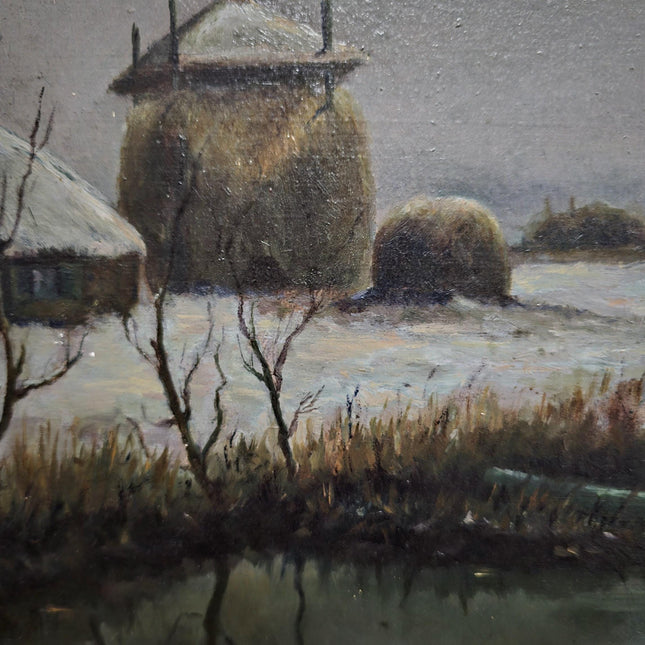 Antique Dutch Dark Moody Winter Landscape Oil Painting, Framed Original Artwork, Cottagecore Farmhouse Wall Decor, Vintage Signed Rustic Art