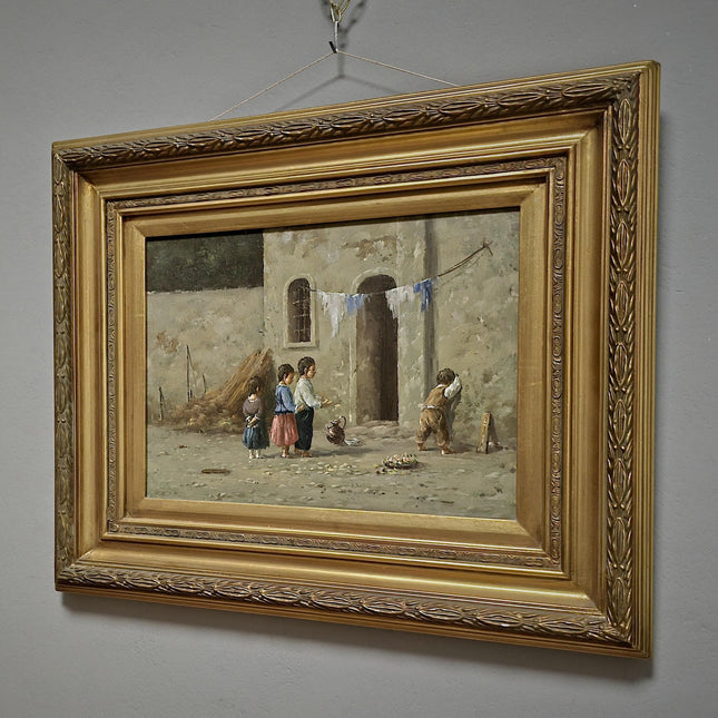 Vintage Dutch Oil Painting of Playing Children, Gold Framed Original Artwork, Rustic Cottagecore Wall Decor, Collectible European Fine Art