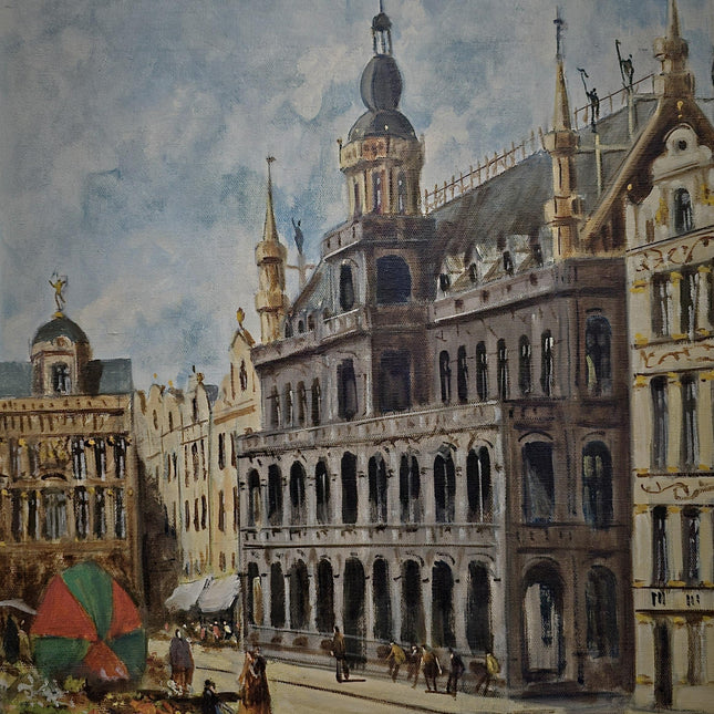Antique Oil Painting European Cityscape Vintage Belgian Artwork Gothic Architecture Classic Home Decor Signed Canvas Ornate Framed Wall Art