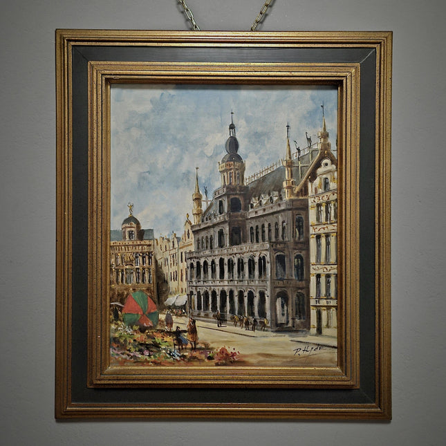 Antique Oil Painting European Cityscape Vintage Belgian Artwork Gothic Architecture Classic Home Decor Signed Canvas Ornate Framed Wall Art