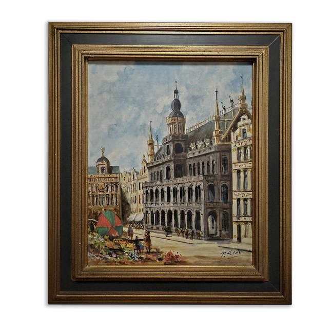 Antique Oil Painting European Cityscape Vintage Belgian Artwork Gothic Architecture Classic Home Decor Signed Canvas Ornate Framed Wall Art