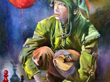 French Surreal Jester Oil Painting, Moody Whimsical Figurative Art