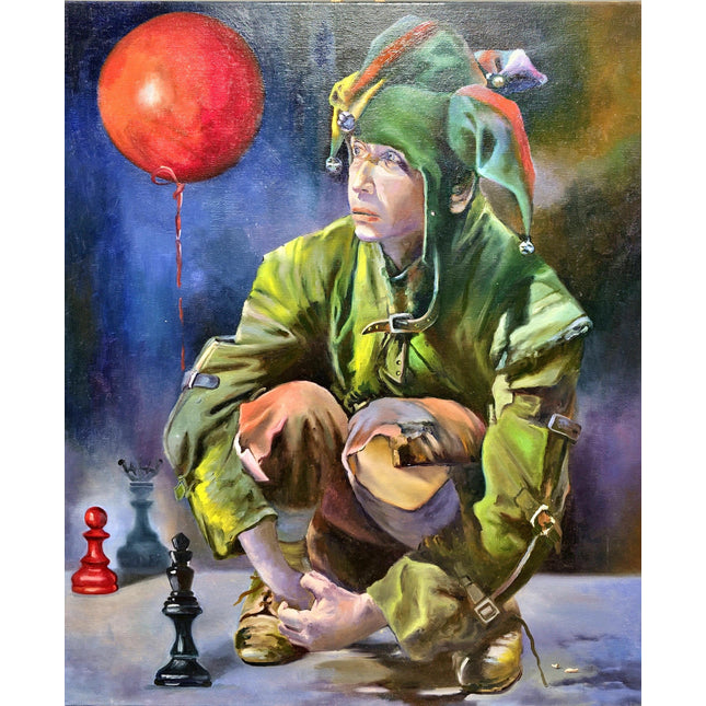 French Surreal Jester Oil Painting, Moody Whimsical Figurative Art
